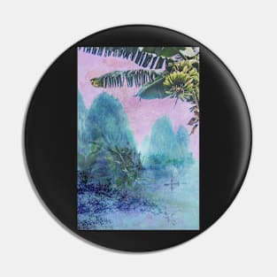 Banana tree &amp; bamboo boat - Pink Sunset Mountainscape Pin