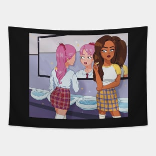 illustration high school girls wearing makeup plaid skirt aesthetic Tapestry