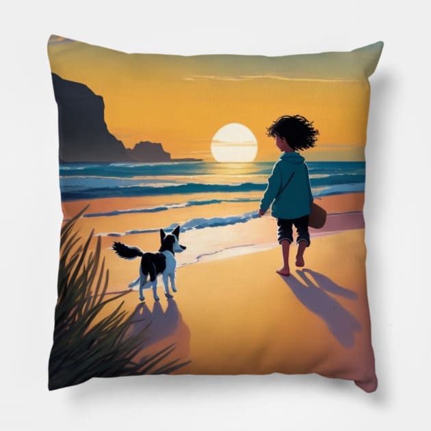 child playing with a dog on the beach. Pillow by MeriemBz