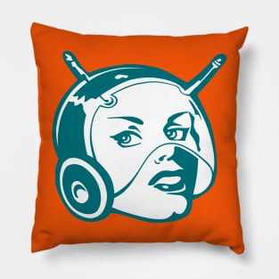 Faces: SciFi lady on a teal and orange pattern background Pillow