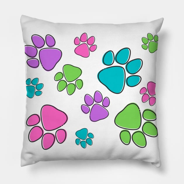 Kids Pawprint Pattern – Purple Pink Blue Green Pillow by KoreDemeter14