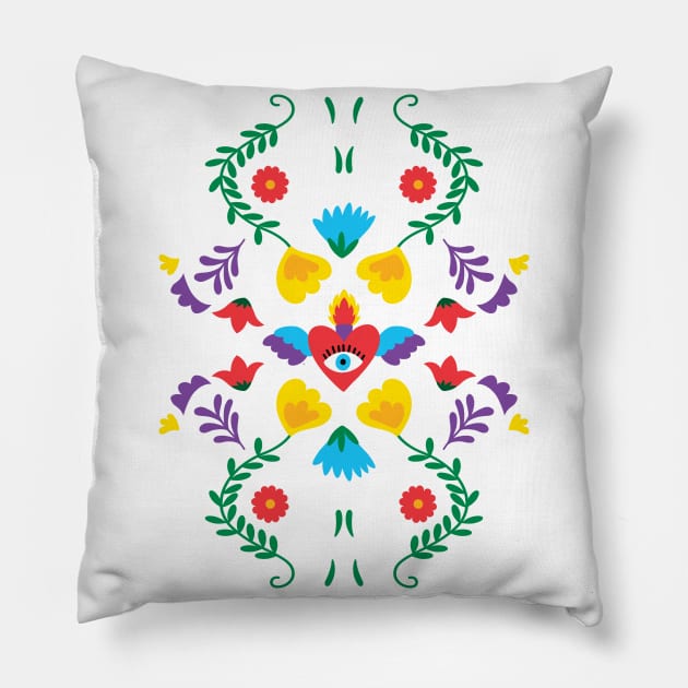 Mexican Otomi Embroidery Folk Art Sacred Heart Pillow by Inogitna Designs