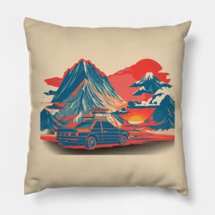 Car adventure with mountain at his back with sun at the back Pillow