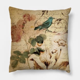 modern vintage rose bird paris french botanical floral art Pillow