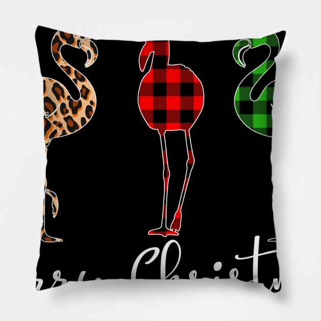 Merry Christmas Leopard Red Green Plaid Flamingo Pillow by Dunnhlpp