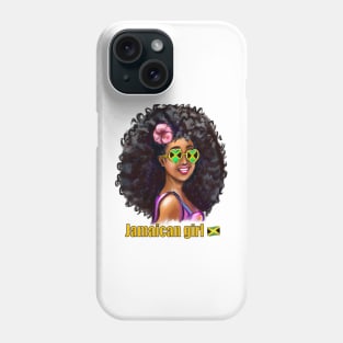 The best Gifts for black women 2022 Jamaican girl with Jamaican flag Sun shades and pink hibiscus flower in her big natural afro hair. Jamaica Phone Case