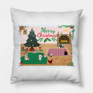 Funny Christmas design with various cute animals, including chickens because why not Pillow