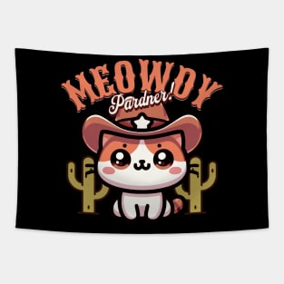 Meowdy Pardner Kawaii Cowboy Cat Tapestry