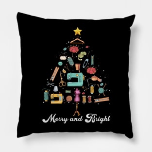 Merry and Bright Sewing Yarn Quilting Christmas Tree Pillow