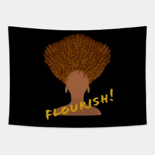 Flourish! Natural Hair Upward Curly Afro with Gold Earrings and Gold Lettering (Black Background) Tapestry