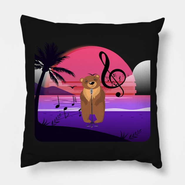 Funny Bear Singing at the beach Pillow by gmnglx