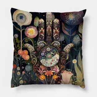 Hippy Floral Art,Hamsa Hand, Pillow