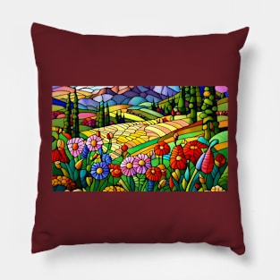 Stained Glass Colorful Mountain Flowers Pillow