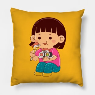 girl kids eating sushi Pillow