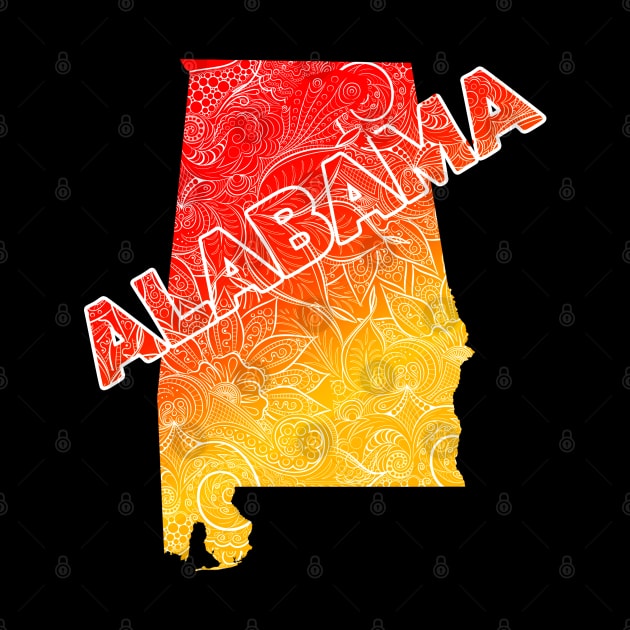 Colorful mandala art map of Alabama with text in red and orange by Happy Citizen