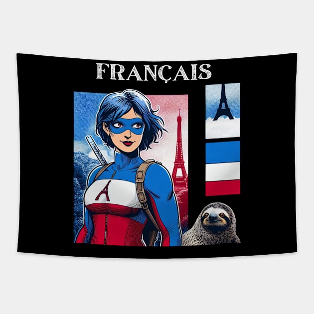 Francais: Female 90's Comic Book Hero with Sloth Cover Tapestry by Woodpile