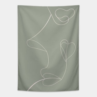 Continuous Line Art Face Drawing, Floral Shapes, Sage Green Tapestry