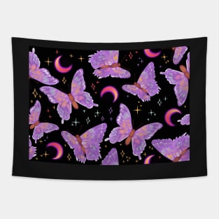 Iridescent Whimsigoth Purple Butterflies on Black with Neon Moons Tapestry