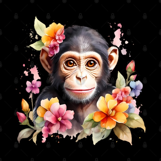 A baby chimpanzee decorated with beautiful watercolor flowers by CreativeSparkzz