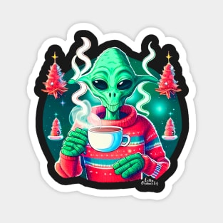 Christmas Funny Alien Drinking Coffee Wearing Sweater Magnet