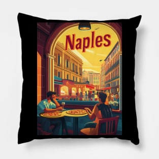 Two people savor delicious pizza at an outdoor cafe in Naples, surrounded by lively streets and beautiful buildings as the sun sets, Pillow