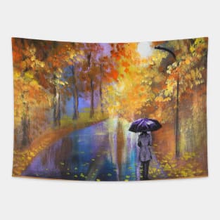 Dreamy umberella girl walking in the rain Moody Autumn rainy day Tapestry