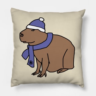 Winter Capybara Wearing Blue Hat and Scarf Pillow