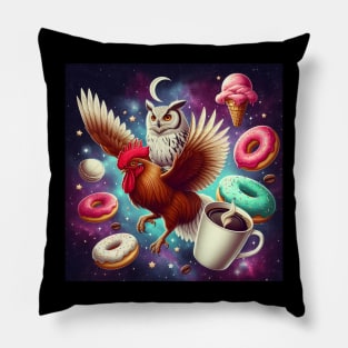 Outer Space Owl Riding Chicken Unicorn - Donuts Pillow