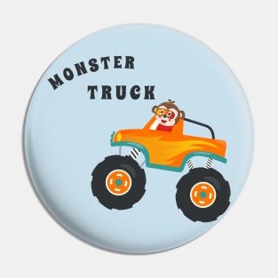 Cartoon vector of monster truck with little animal driver. Pin