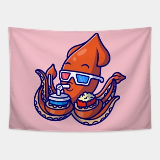 Cute Squid Watching Movie With Popcorn And Drink Cartoon Tapestry