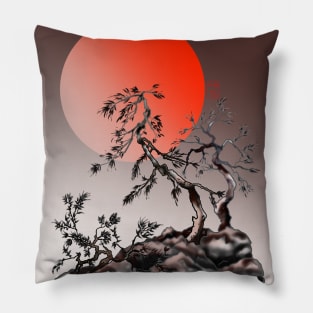 sumieE ink and watercolor fir trees and a red rising sun Pillow