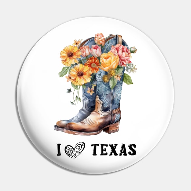 I Love Texas Boho Cowboy Boots Watercolor Art Pin by AdrianaHolmesArt