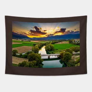 Pineios river sunset Tapestry