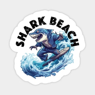 Shark Surfing - Shark Beach (Black Lettering) Magnet