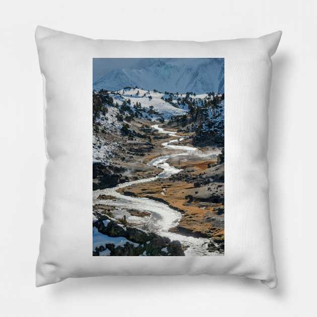 Snowy Hot Stream Pillow by Jay S.