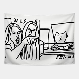 Woman Yelling at Cat Meme Humor Line Drawing Tapestry