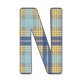 Monogram Letter N, Blue, Yellow and Grey Scottish Tartan Style Typography Design T-Shirt