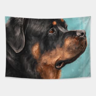 Painting of an Adorable Rottweiler from the Side, Light Blue Spattered Background Tapestry