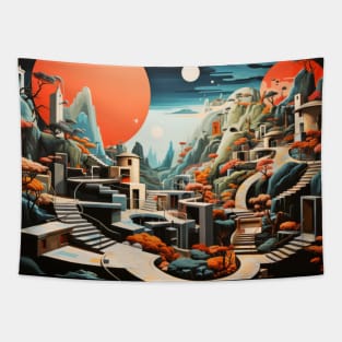 Village Landscape Concept Abstract Colorful Scenery Painting Tapestry