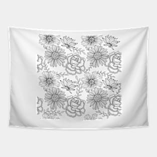 Flowers Line Art - Black & White Tapestry