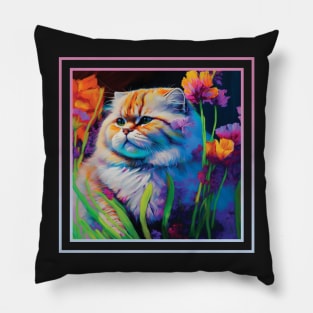 Tiny Tiger Persian Cat Vibrant Tropical Flower Digital Oil Painting Portrait Pillow