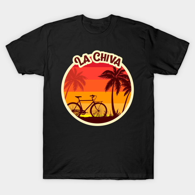 Discover La Chiva Sunshine in a Beach with a Lonely Palm Tree and Bicycle T-shirt - La Chiva - T-Shirt