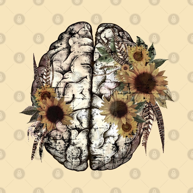 Mental health,  floral sunflowers and brain, value your mind by Collagedream