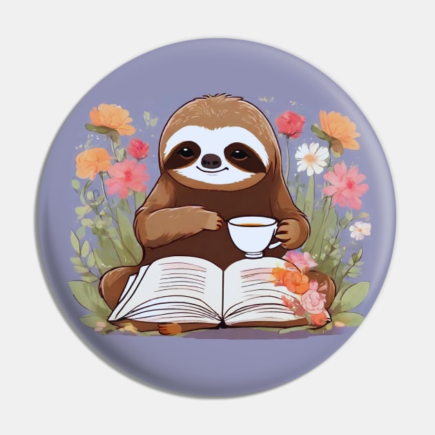 Sloth With Cup Of Tea And Book Pin by Annabelhut