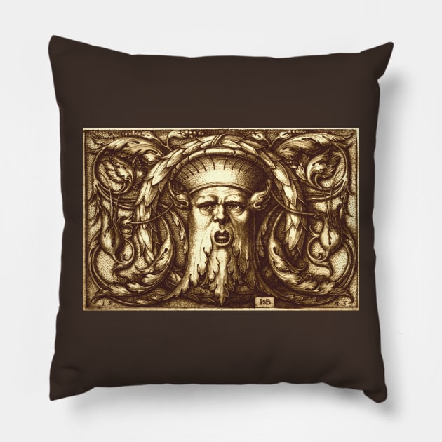 Green Man Renaissance Engraving Sepia Pillow by Pixelchicken