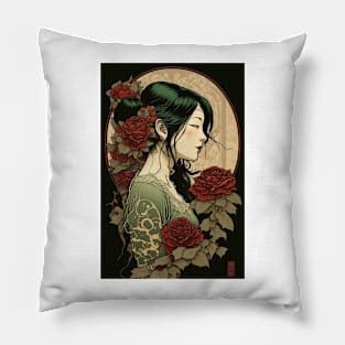 Japanese Beauty Among Roses Pillow