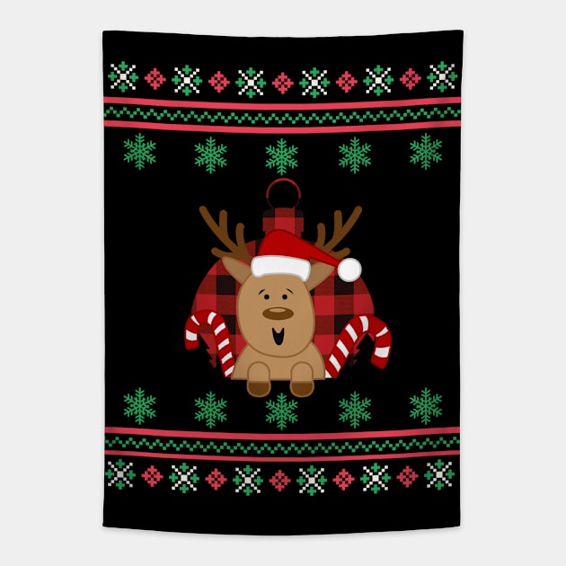 Reindeer Candy Canes Faux Ugly Christmas Sweater Funny Holiday Design Tapestry by Up 4 Tee