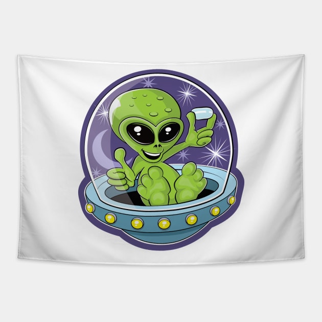 Illustration of a cute alien holding candy in a flying saucer Tapestry by RobiMerch