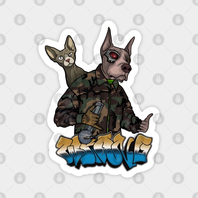 Crazy Dog Cyborg with Cat Magnet by Wrongteeshirt