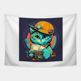 Catswithhardhats A curious and playful cat wearing a hard hat and holding a blueprint Tapestry